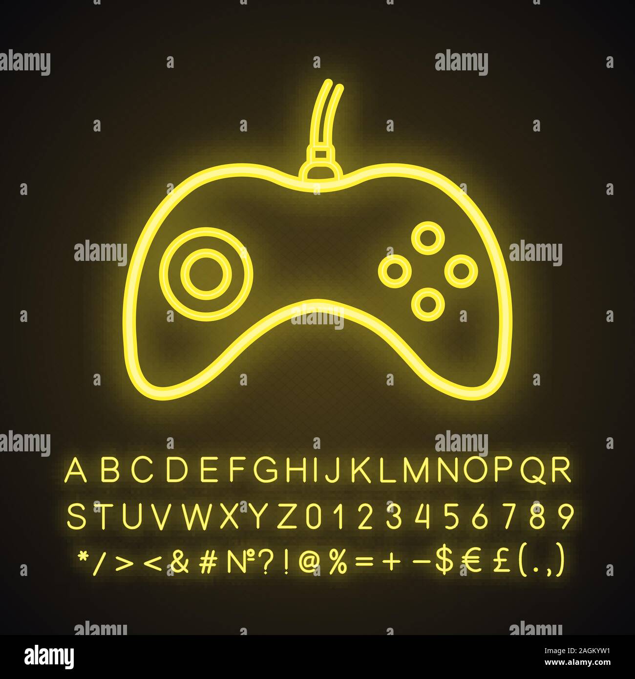 Gamepad neon light icon. Joystick. Glowing sign with alphabet, numbers