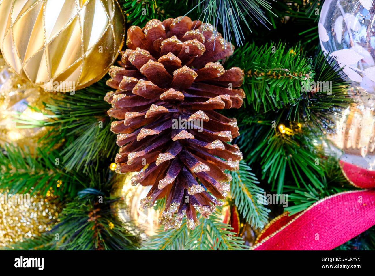Pine Cone on Christmas tree background Stock Photo
