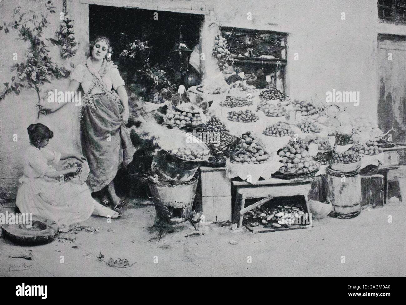 Fruit seller in Venice, Italy, original print from the year 1899, Fruchtverkäufer in Venedig, Italien, Reproduktion einer Originalvorlage aus dem 19. Jahrhundert, digital verbessert Stock Photo