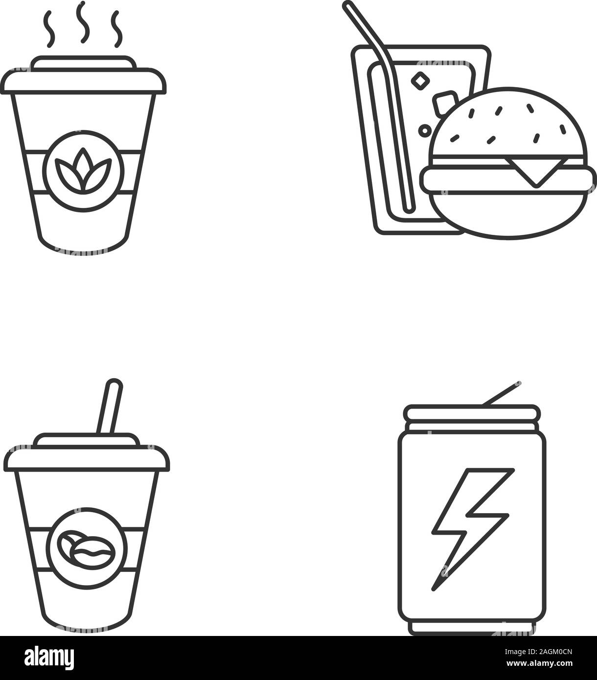 Drinks linear icons set. Takeaway coffee and tea, energy drink, soda