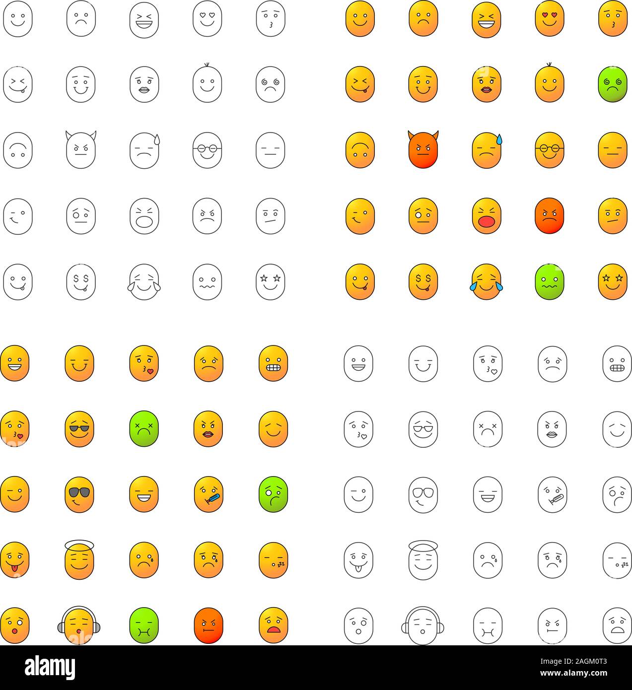 Smiles icons set. Emoticons. Feelings, emotions. Linear, flat design, color and glyph styles. isolated vector illustrations Stock Vector