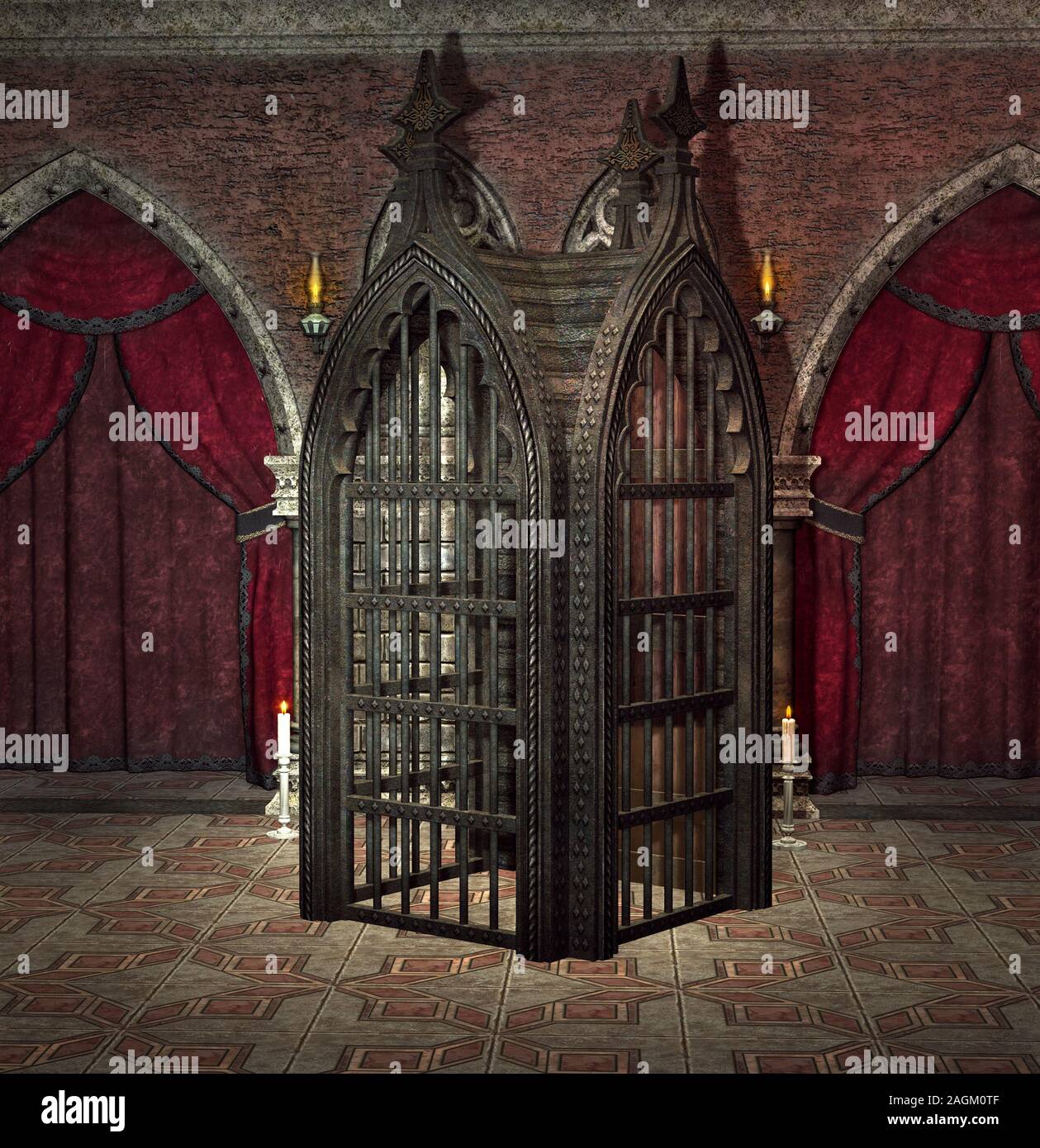 Mysterious iron cage in a dark gothic room Stock Photo