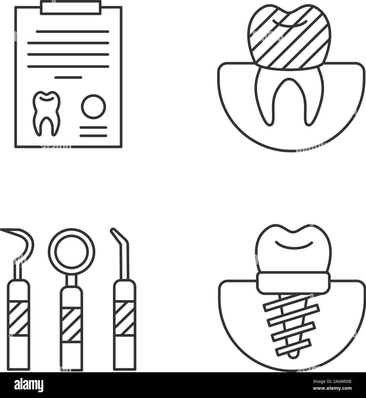 Dentistry linear icons set. Stomatology. Diagnostic report, tooth implant and crown, dental instruments. Thin line contour symbols. Isolated vector ou Stock Vector