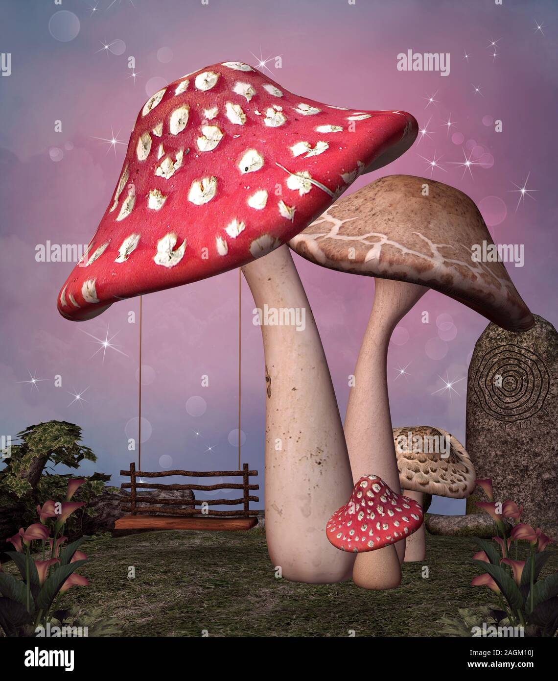 Enchanted night scenery in the woodland with colorful mushrooms and a swing Stock Photo