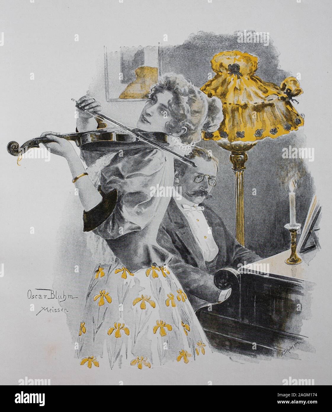 duett, music, woman plays violin, man plays piano, original print from the year 1899, Musik, spielt Frau Geige, Mann spielt Klavier, Reproduktion einer Originalvorlage aus dem 19. Jahrhundert, digital verbessert Stock Photo