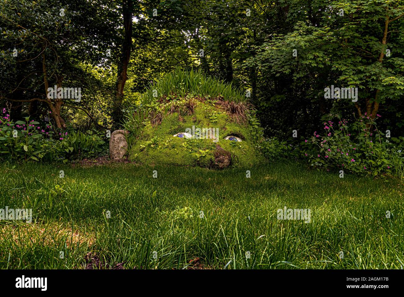 Head designed with plants in the Lost Gardens of Heligan in Cornwall near Mevagissey, one of the most popular botanical gardens in the UK, England, Un Stock Photo