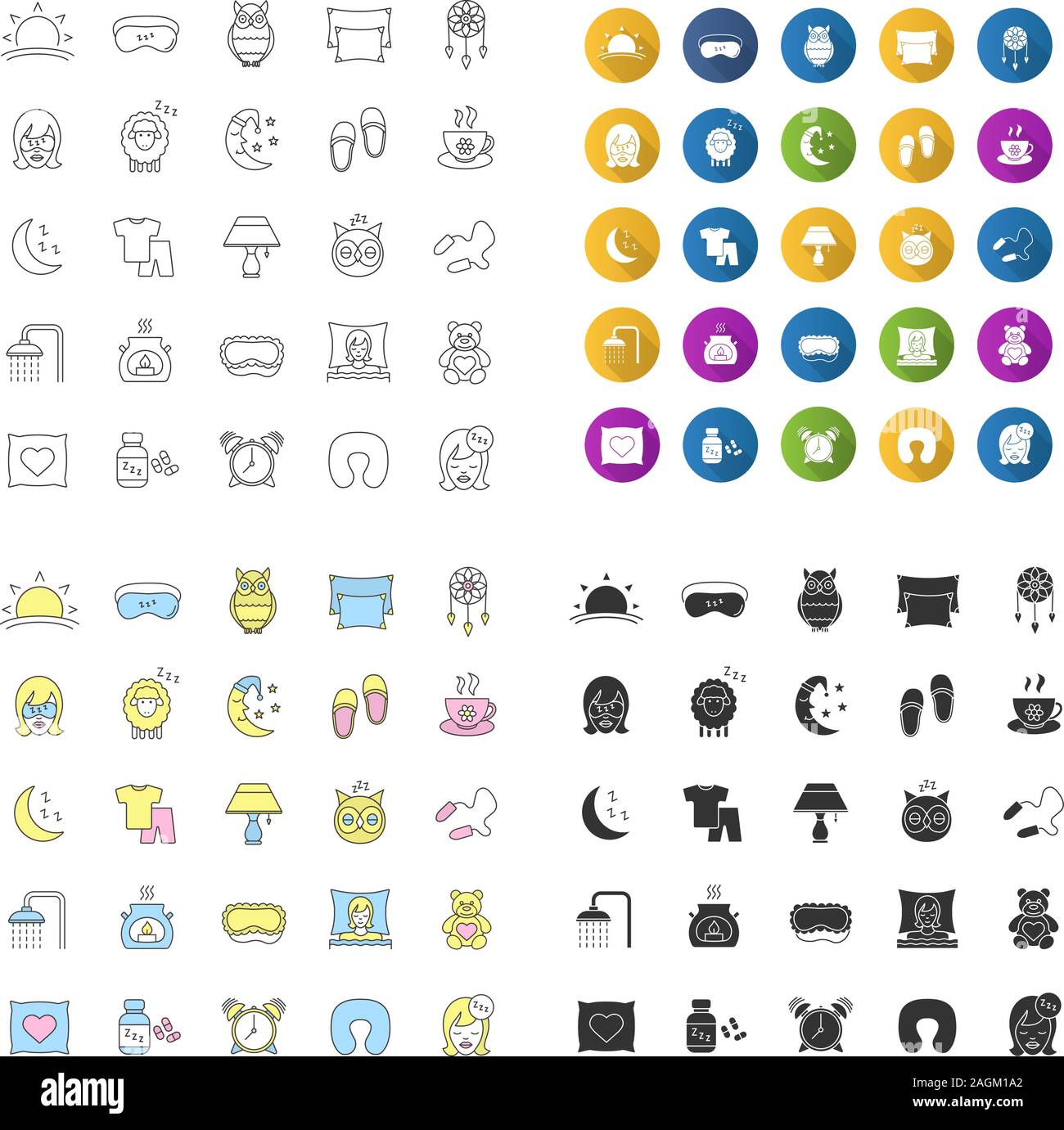 Sleeping accessories icons set. Linear, flat design, color and glyph ...