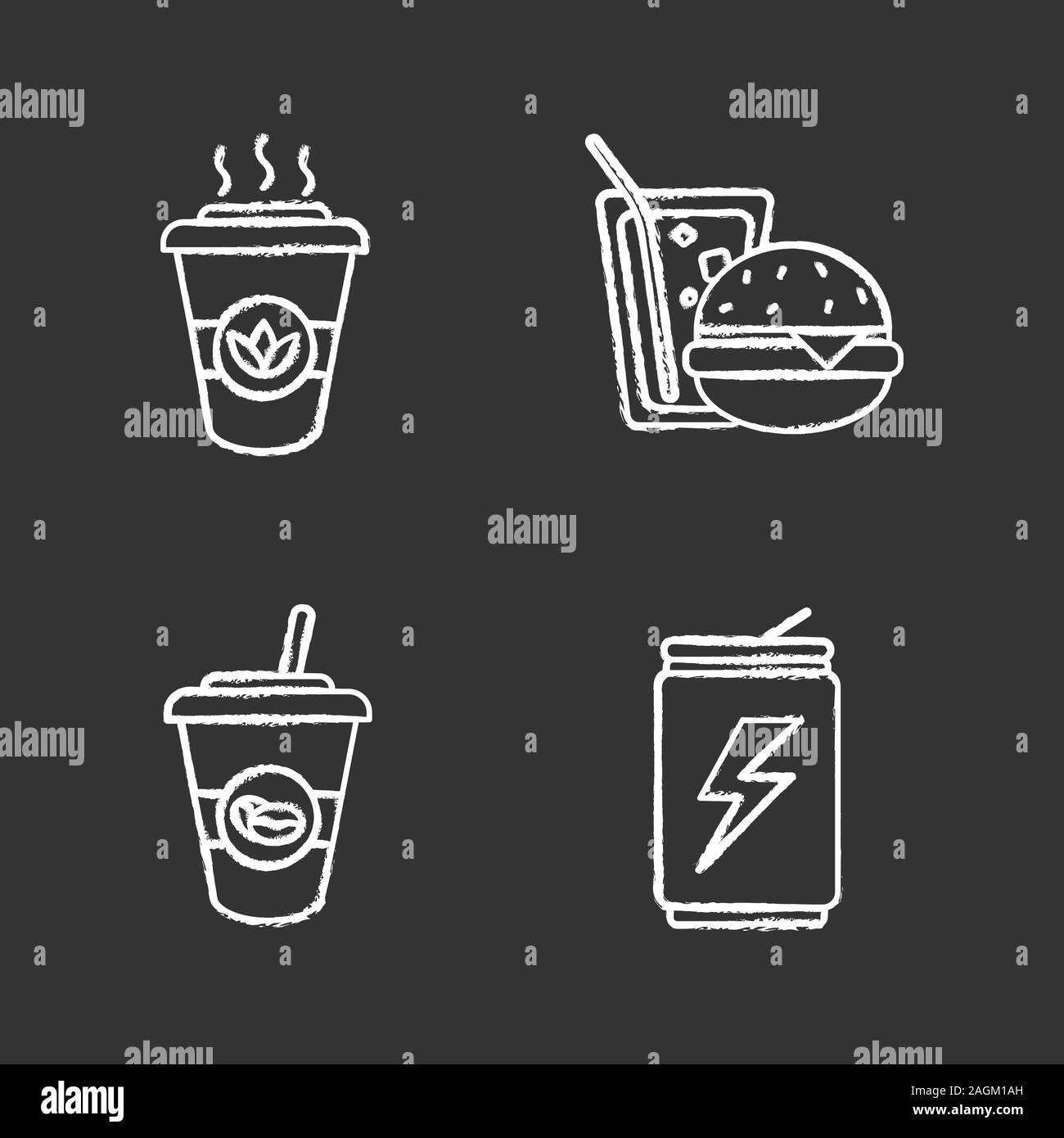 Drinks chalk icons set. Takeaway coffee and tea, energy drink, soda