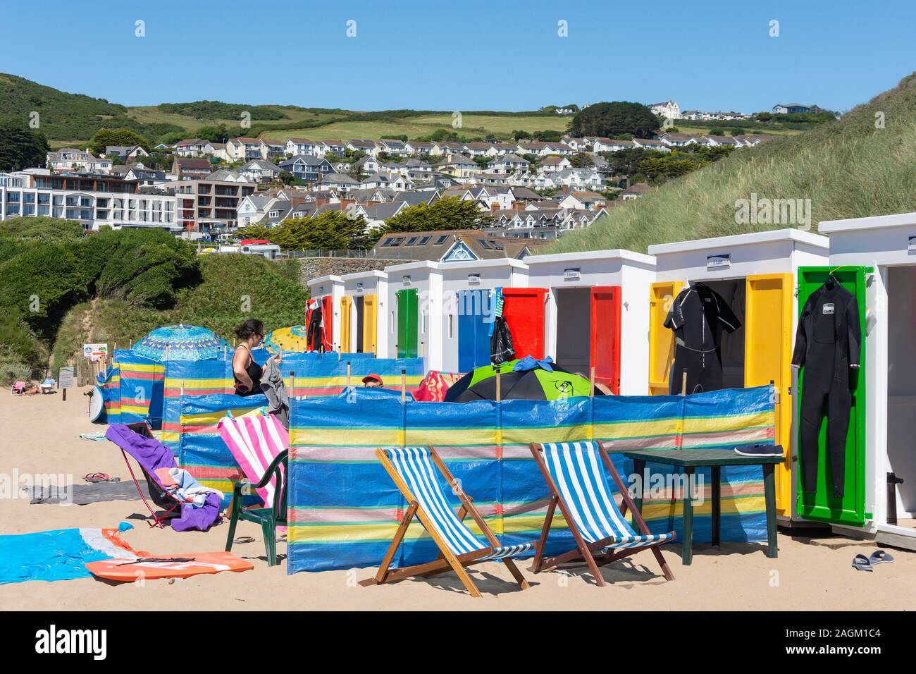 Beach huts with windbreak, Woolacombe Sands, Woolacombe, Devon, England, United Kingdom Stock Photo