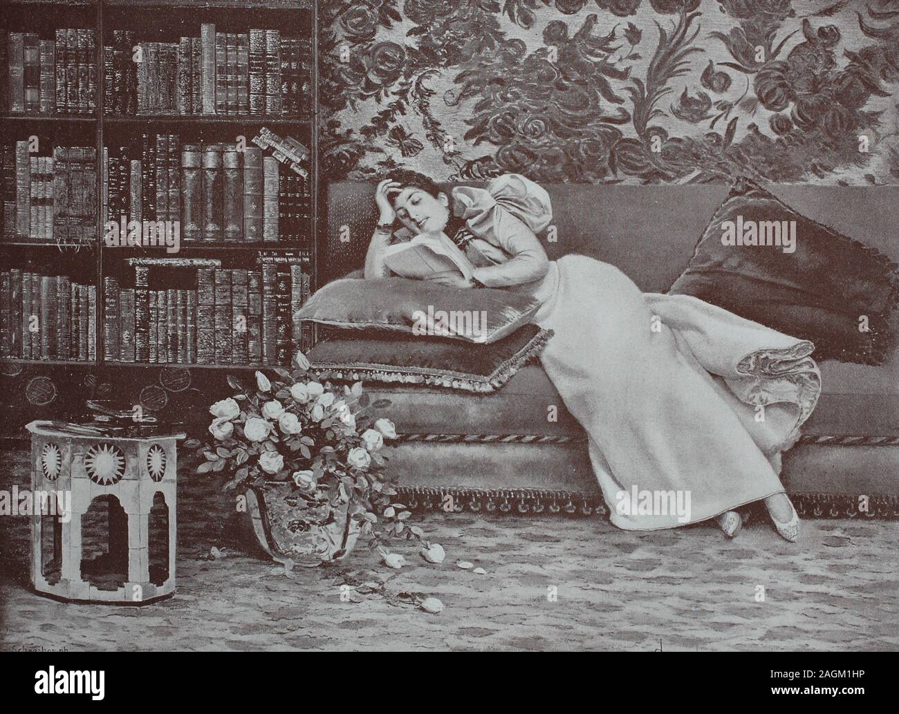 Woman reading in the library, original print from the year 1899, Frau, die in der Bibliothek, liest, Reproduktion einer Originalvorlage aus dem 19. Jahrhundert, digital verbessert Stock Photo