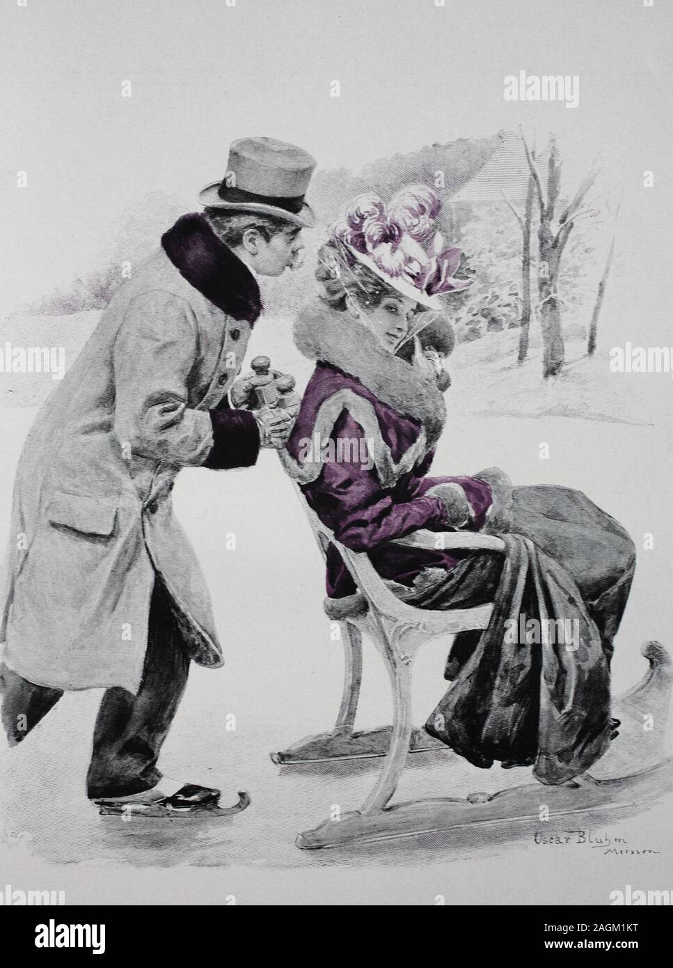 Man with skates slides his wife on a chair sled across the ice, original print from the year 1899, Der Mann mit Schlittschuhen schiebt seine Frau auf einem Stuhlschlitten über das Eis, Reproduktion einer Originalvorlage aus dem 19. Jahrhundert, digital verbessert Stock Photo