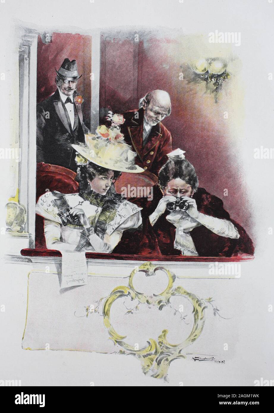 four people in the lodge of an opera, original print from the year 1899, vier Menschen in der Loge einer Oper, Reproduktion einer Originalvorlage aus dem 19. Jahrhundert, digital verbessert Stock Photo