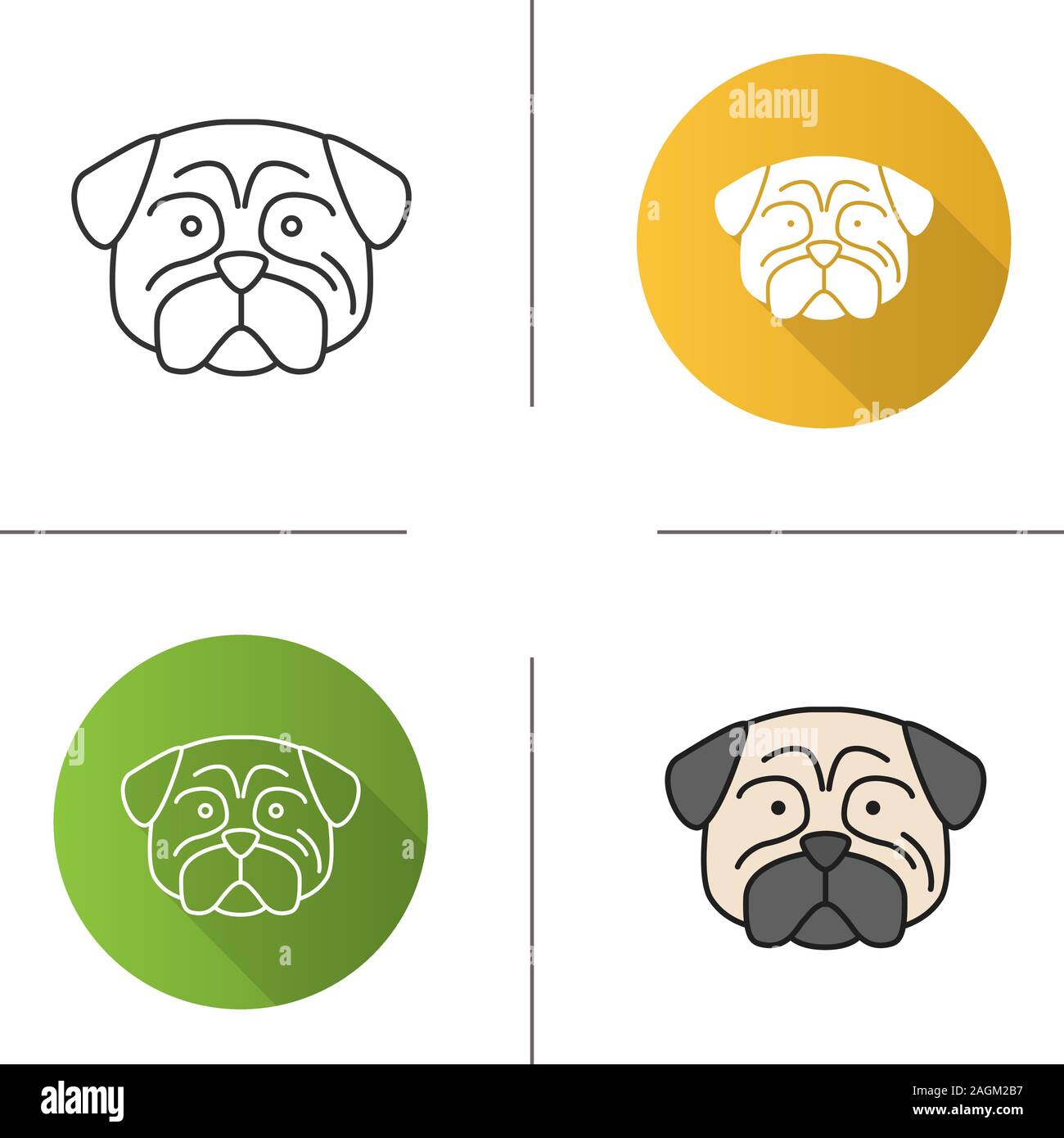 Pug icon. Mops. Companion dog breed. Flat design, linear and color ...