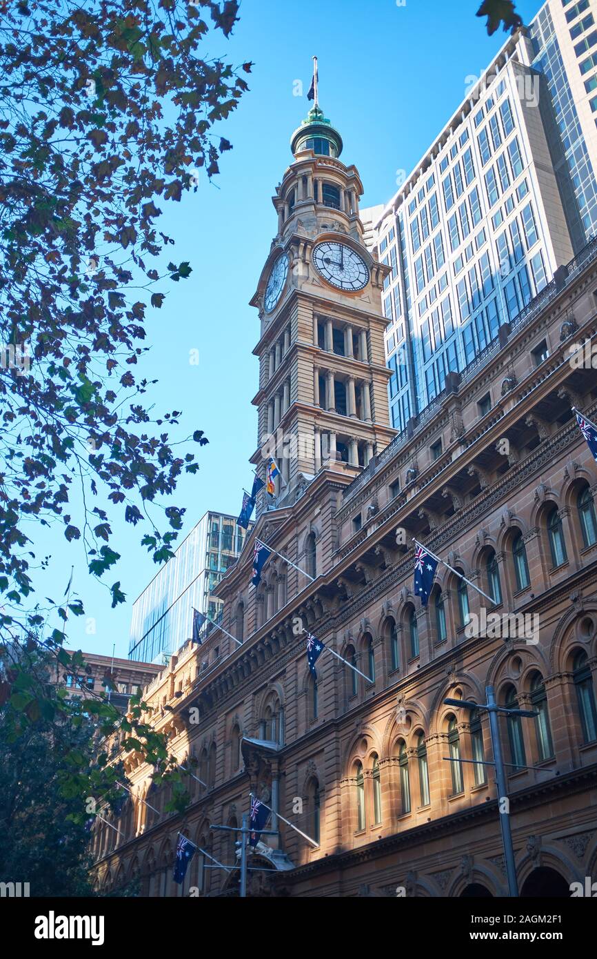 External view of the General Post Office or Sydney GPO and its clock tower made from sandstone located in Martin Place in Sydney, NSW, Australia Stock Photo