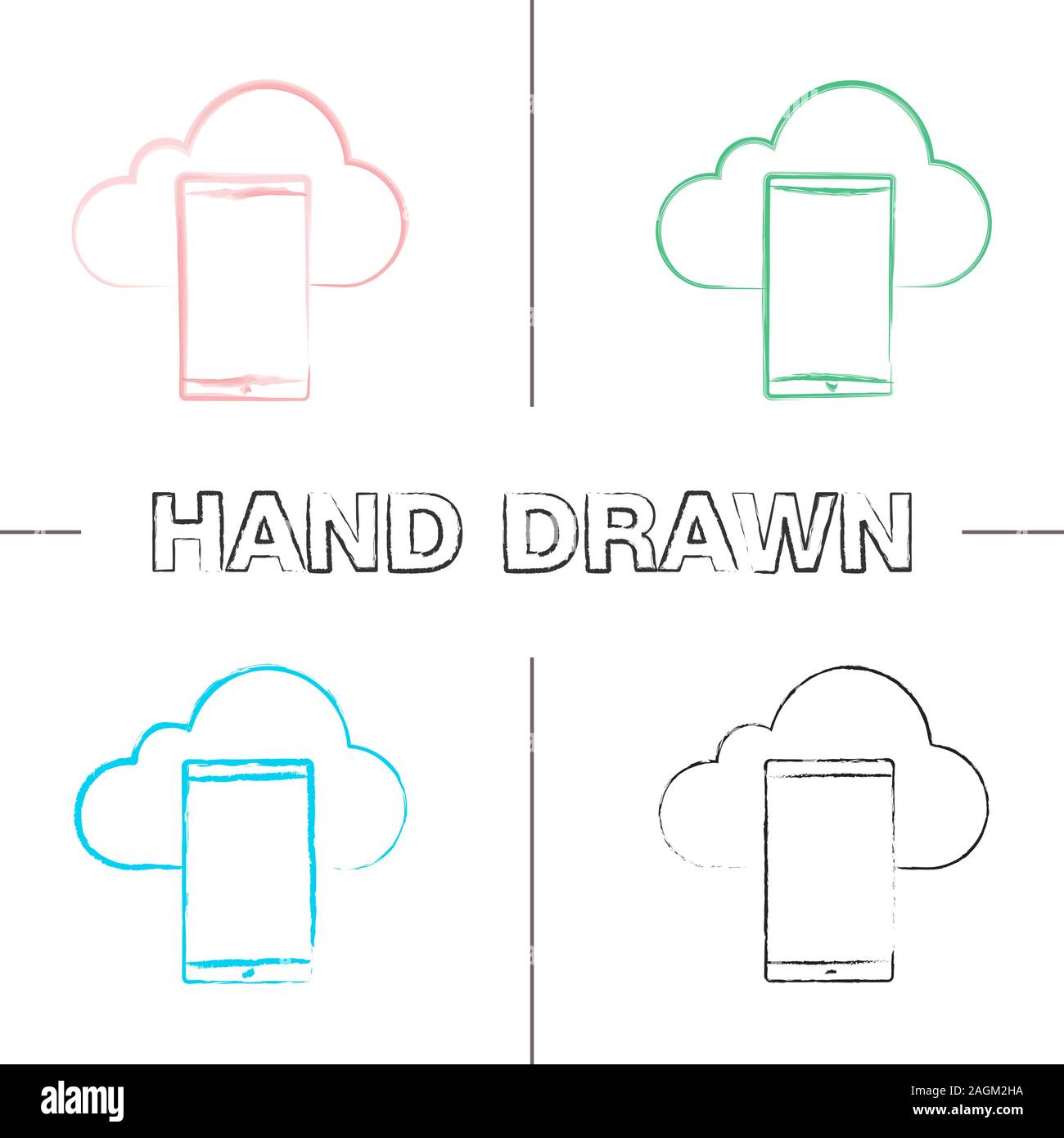 Smartphone cloud storage hand drawn icons set. Mobile cloud computing. Color brush stroke. Isolated vector sketchy illustrations Stock Vector
