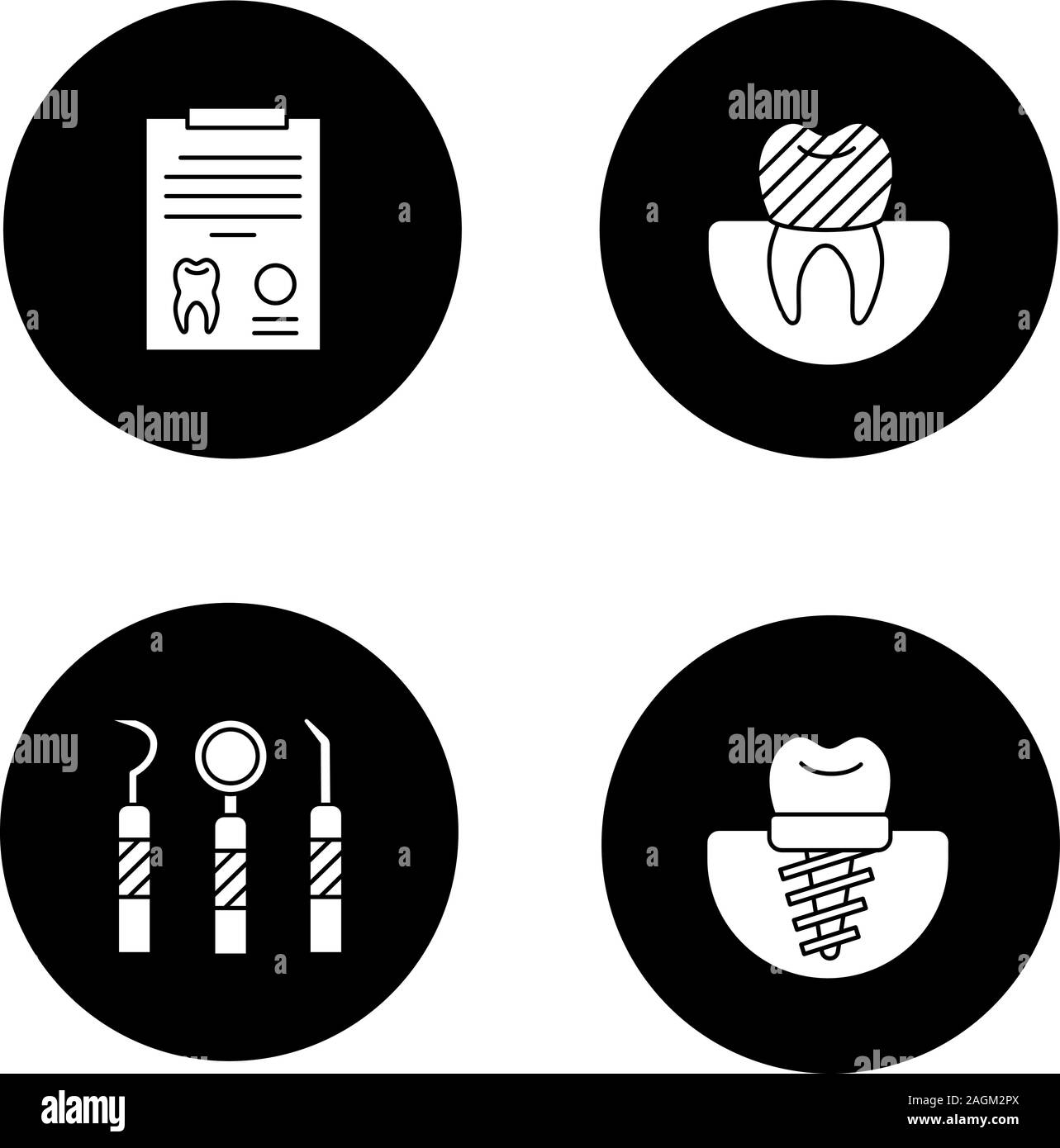 Dentistry glyph icons set. Stomatology. Diagnostic report, tooth implant and crown, dental instruments. Vector white silhouettes illustrations in blac Stock Vector