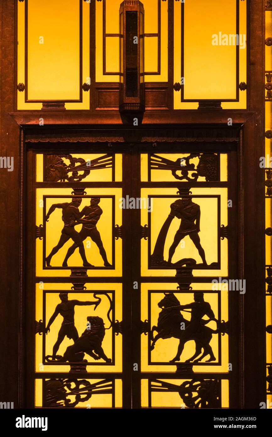 England, London, Museum of London, Detail of Art Deco Bronze Lift interior dated 1928 from Selfridges Department Store Stock Photo