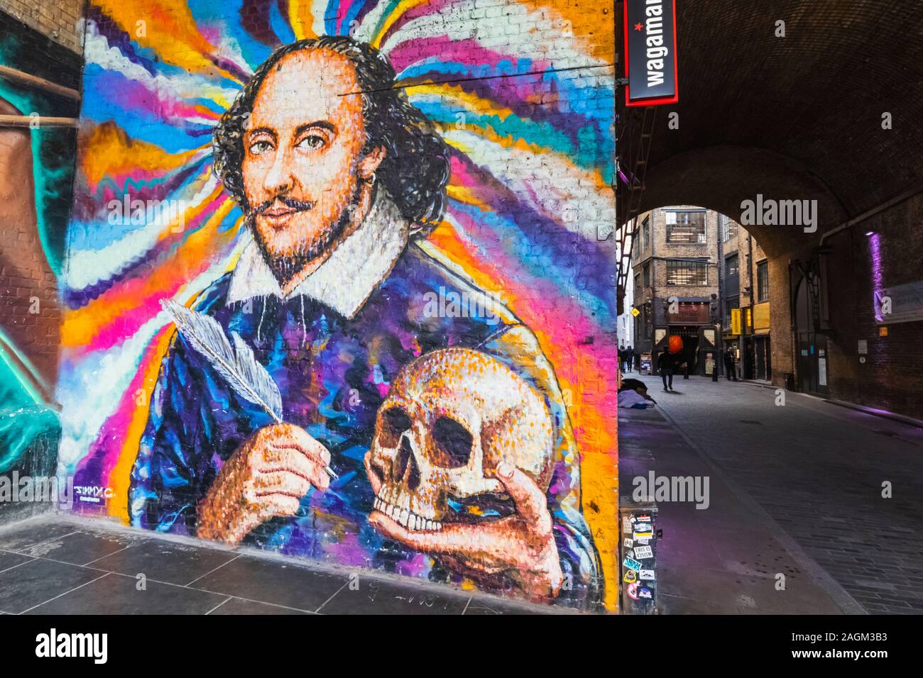 England, London, Southwark, Clink Street, Street Scene with Shakespeare Wall Art Stock Photo