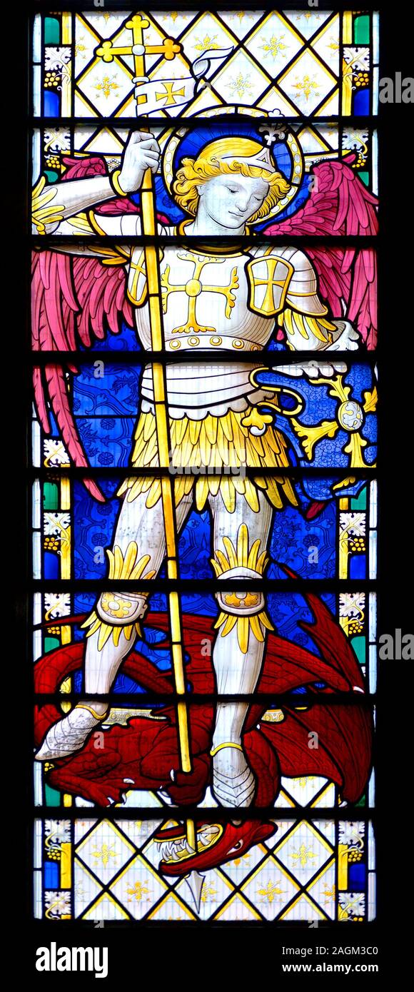 London, England, UK. Stained glass window in St James Roman Catholic Church, George Street / Spanish Place, Marylebone. St George and the Dragon Stock Photo