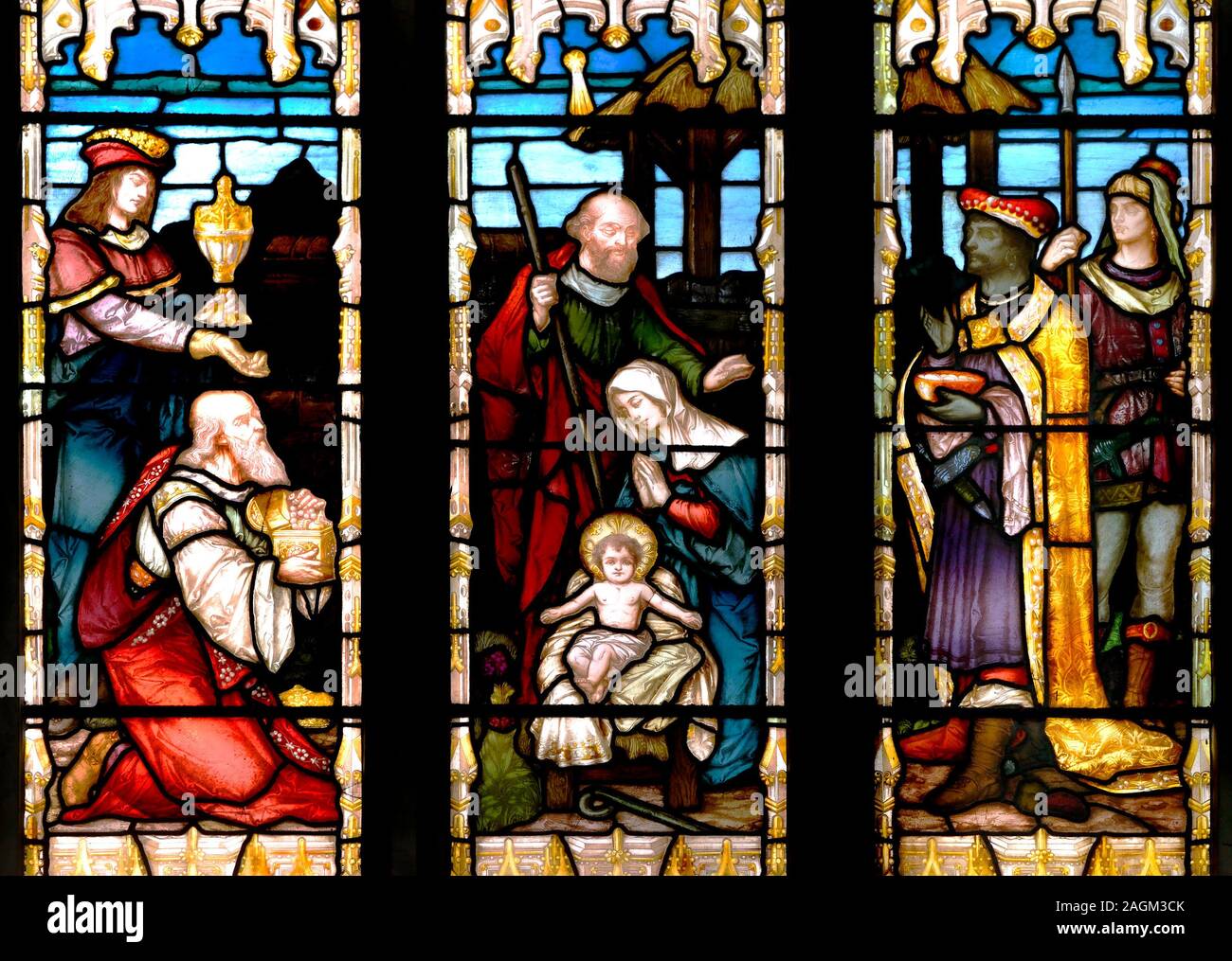 London, England, UK. Church of St Dunstan in the West, Fleet Street. Stained glass window: Nativity Scene Stock Photo