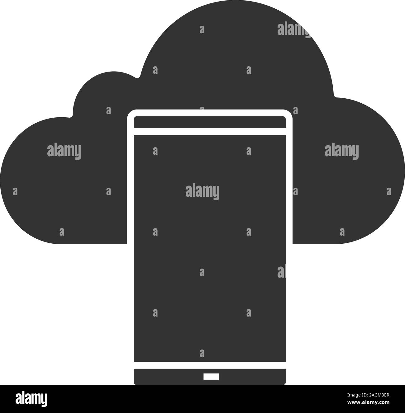 Smartphone cloud storage glyph icon. Mobile cloud computing. Silhouette