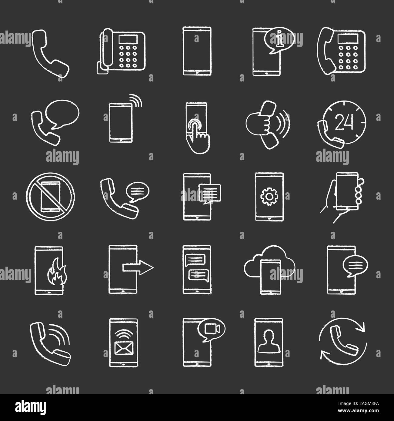 Phone communication chalk icons set. Smartphone calls, messages