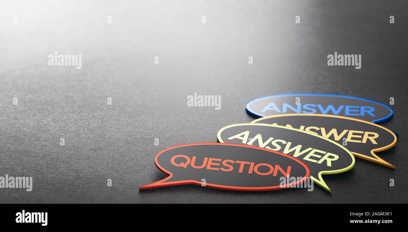 Speech bubbles with the words question and answer and copyspace on the left side. Concept of discussion forum or customer support. 3D illustration Stock Photo