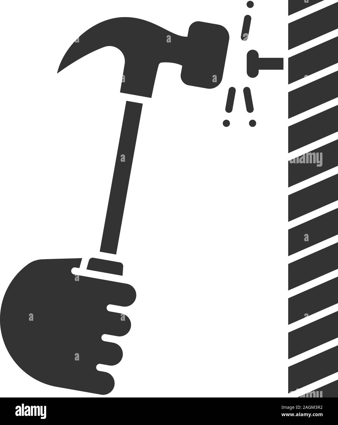 Hand hammering nail glyph icon. Silhouette symbol. Builder's hand