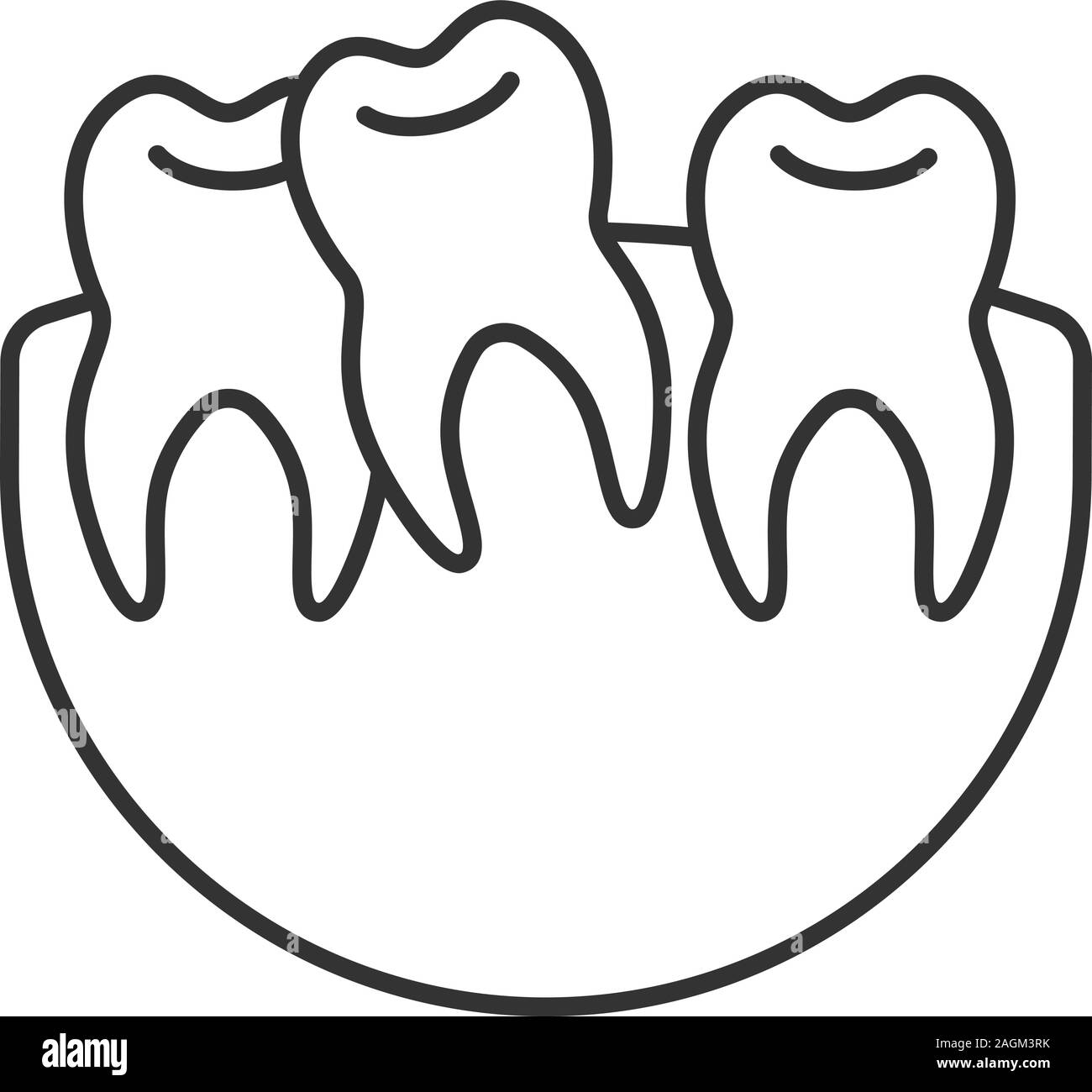 Crooked teeth linear icon. Malocclusion. Thin line illustration. Wisdom tooth problem. Contour symbol. Vector isolated outline drawing Stock Vector