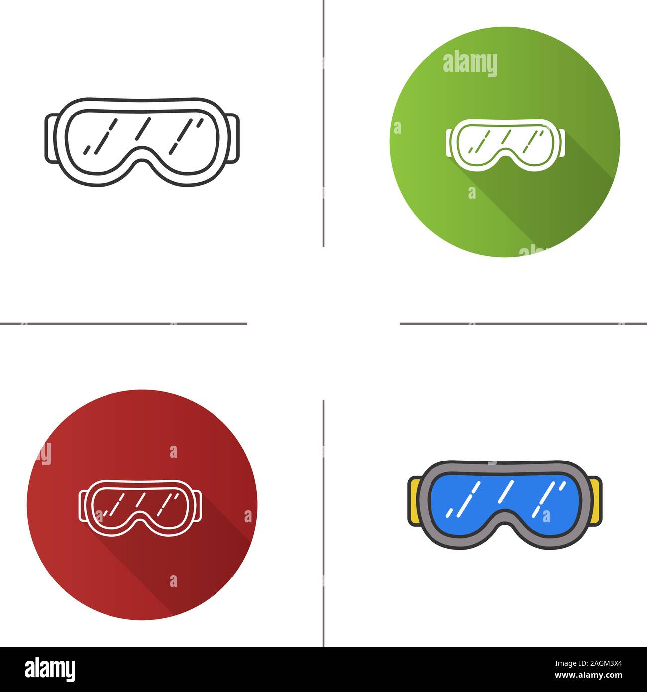 Ski goggles icon. Snow glasses. Safety eyeglasses. Flat design, linear and color styles. Isolated vector illustrations Stock Vector