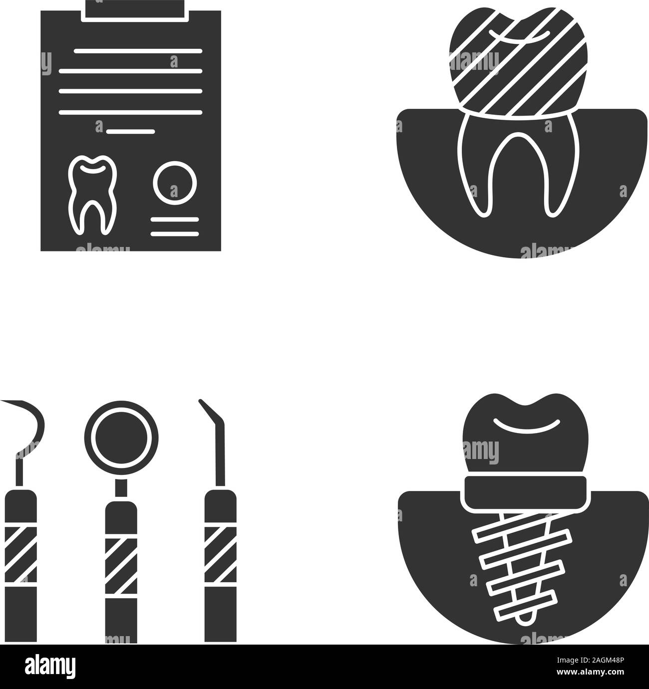 Dentistry glyph icons set. Stomatology. Diagnostic report, tooth implant and crown, dental instruments. Silhouette symbols. Vector isolated illustrati Stock Vector