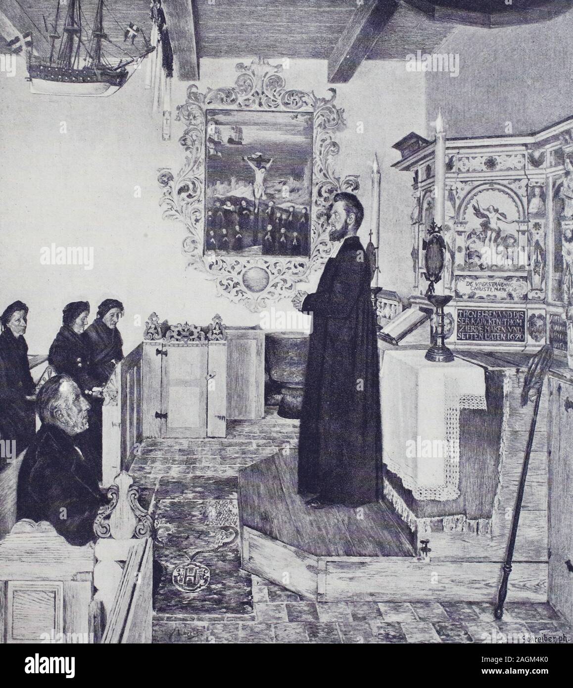 Church service on the island of Hallig Oland, Frisian island, Germany, original print from the year 1899, Kirchdienst auf der Insel von Hallig Oland, friesische Insel, Deutschland, Reproduktion einer Originalvorlage aus dem 19. Jahrhundert, digital verbessert Stock Photo