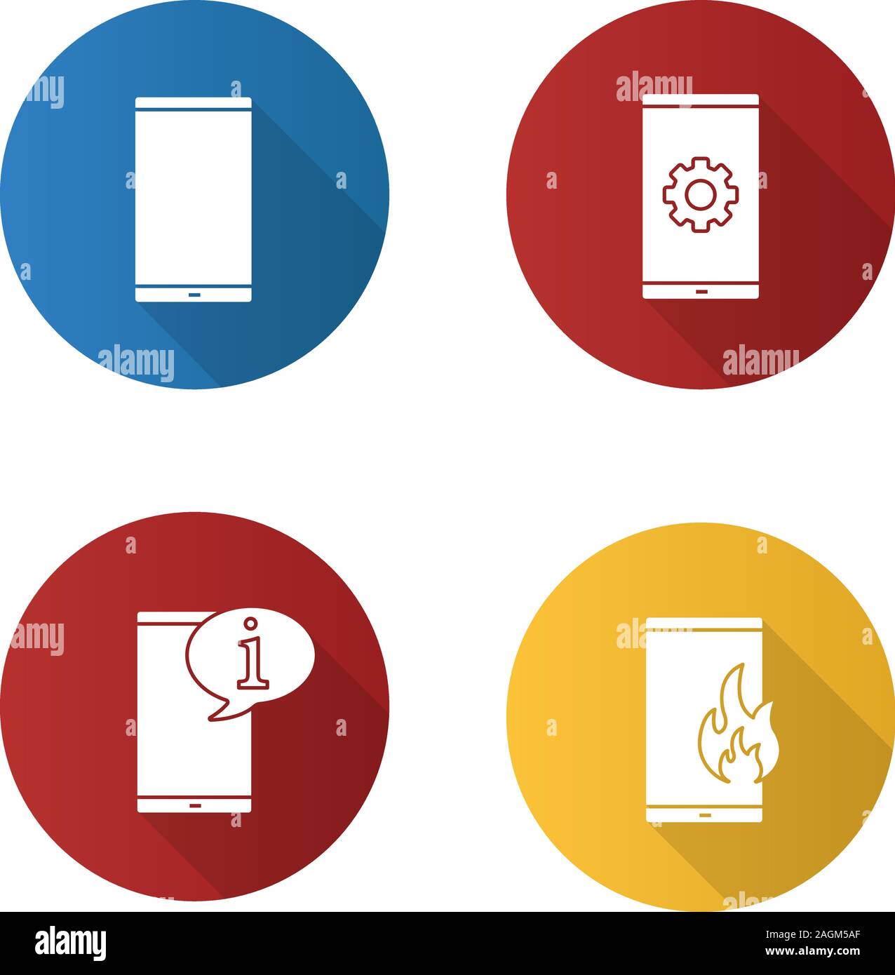 Phone communication flat design long shadow glyph icons set. Smartphone, cell phone settings, info chat, fire emergency calling. Vector silhouette ill Stock Vector