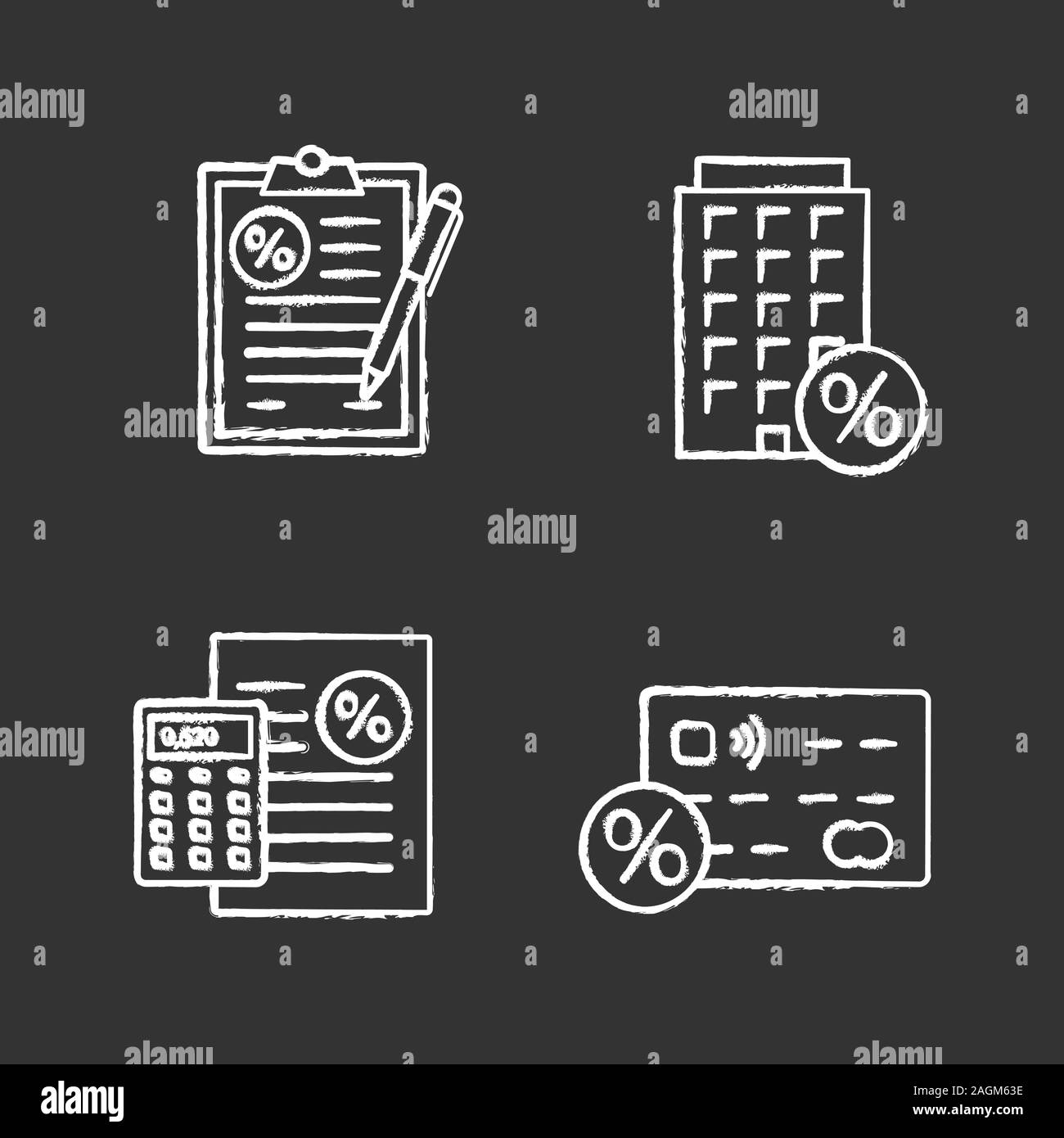 Percents Chalk Icons Set Financial Document Flat Loan Discount Percent Calculator Credit Card Interest Rate Isolated Vector Chalkboard Illustrati Stock Vector Image Art Alamy