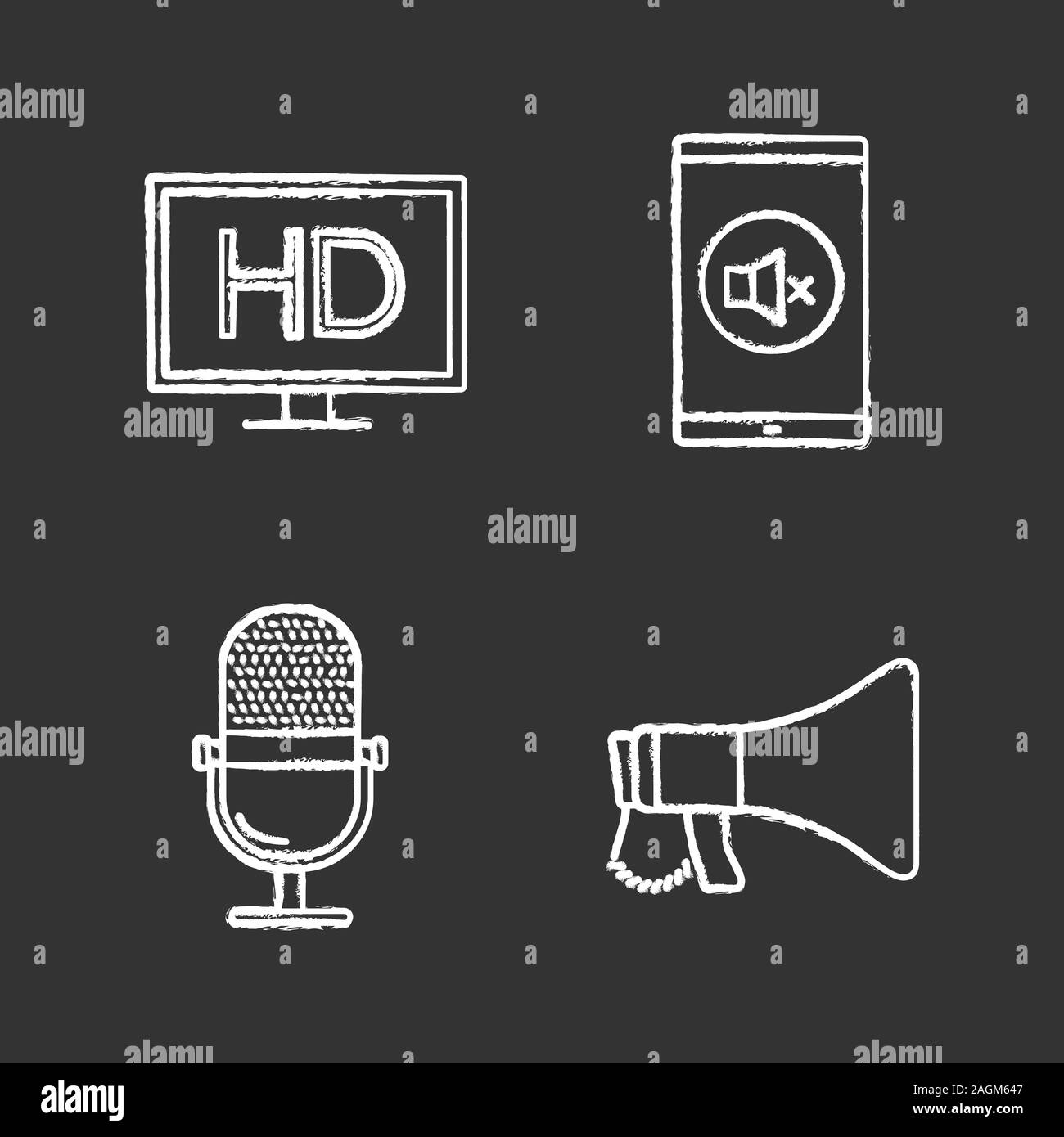 Cinema chalk icons set. HD display, mute mode, microphone, megaphone. Isolated vector chalkboard illustrations Stock Vector