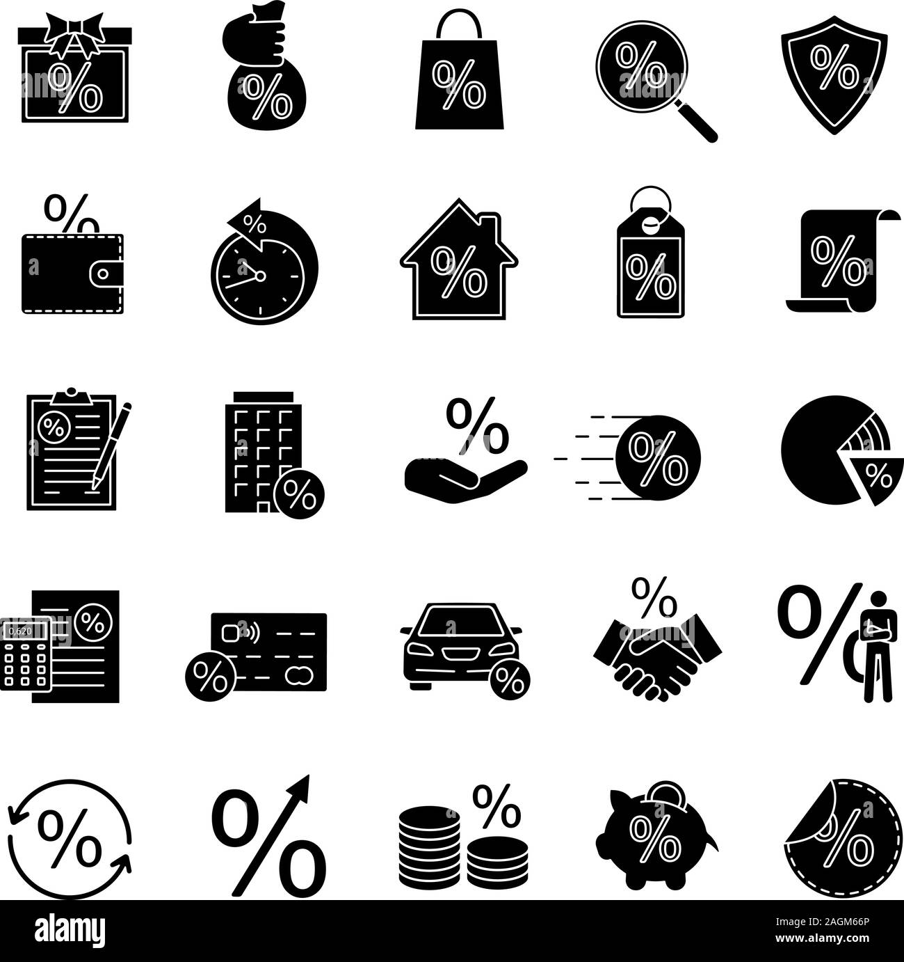 Percents glyph icons set. Discount offers, real estate mortgages, banking, saving money. Silhouette symbols. Vector isolated illustration Stock Vector