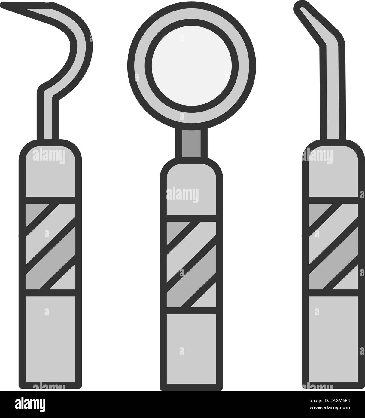 Dental instruments color icon. Mouth mirror, dental probe and dentist's