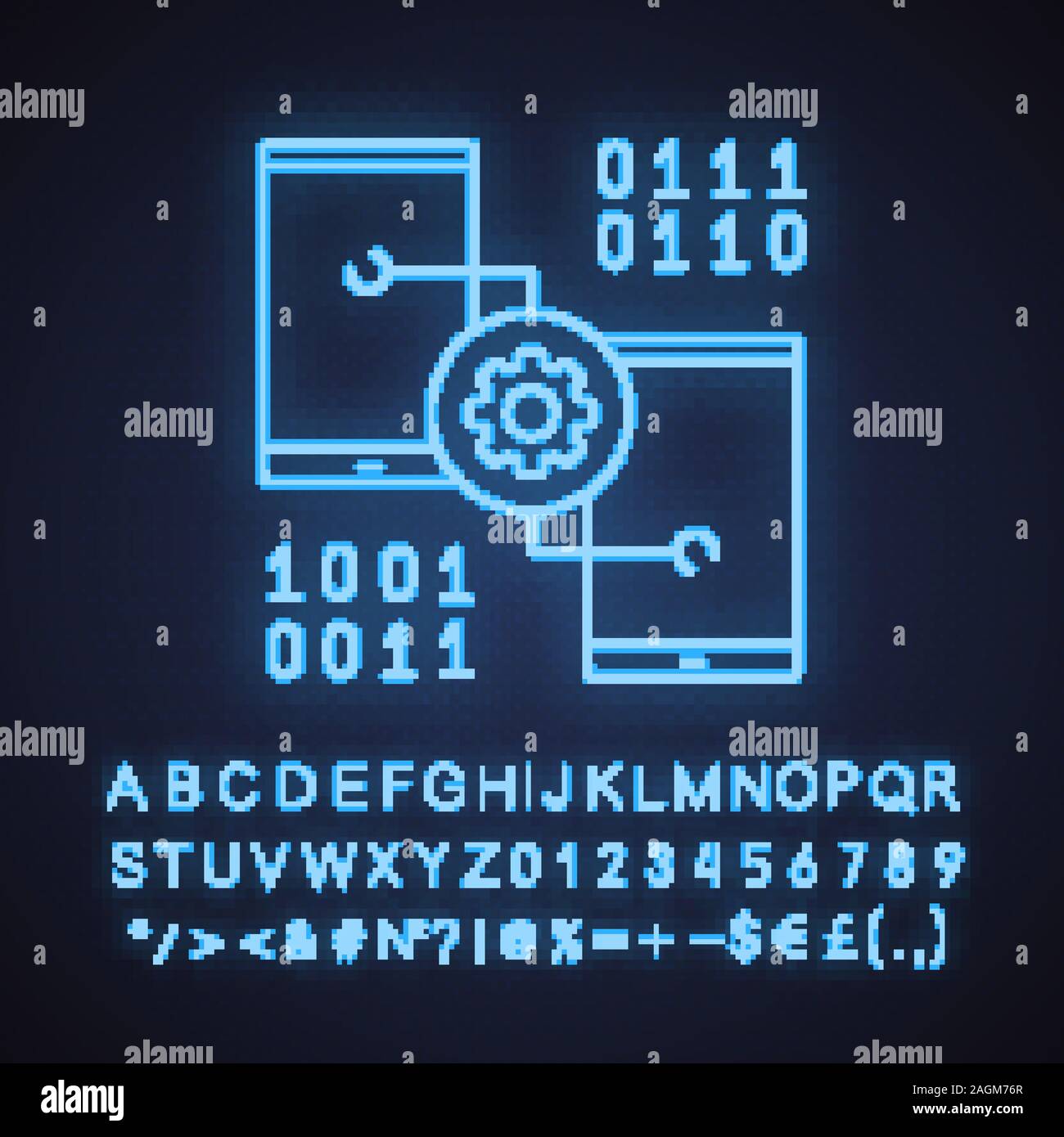 Smartphone settings neon light icon. App development. Phones with cogwheel and binary code. Glowing sign with alphabet, numbers and symbols. Vector is Stock Vector