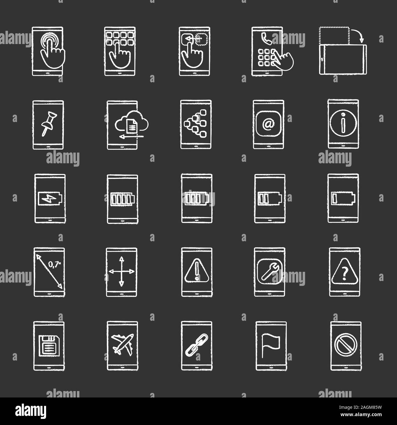 Smartphone chalk icons set. Internet connection, data transfer, apps ...