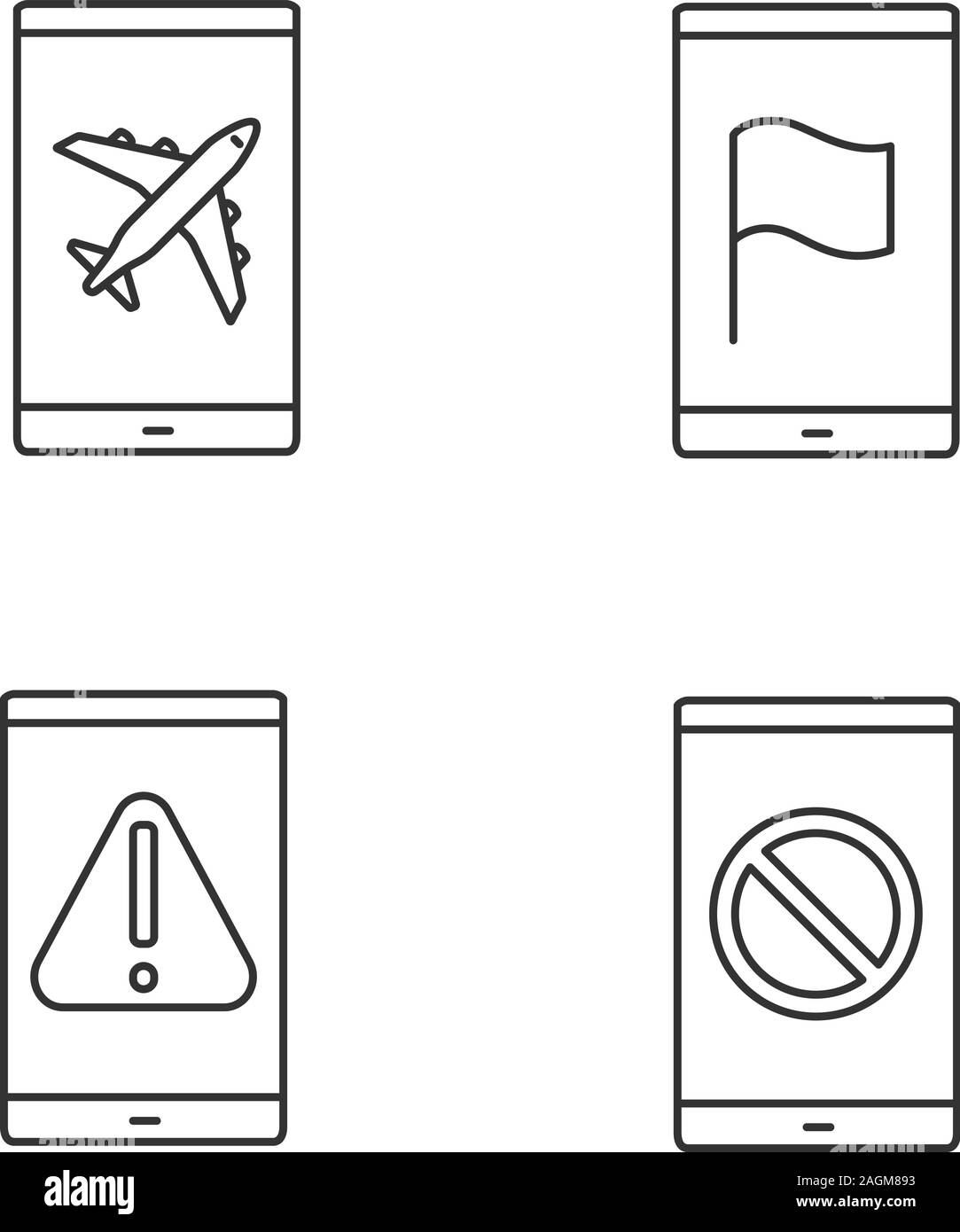 Smartphone apps linear icons set. Flight mode, GPS navigator, error, no signal sign. Thin line contour symbols. Isolated vector outline illustrations Stock Vector