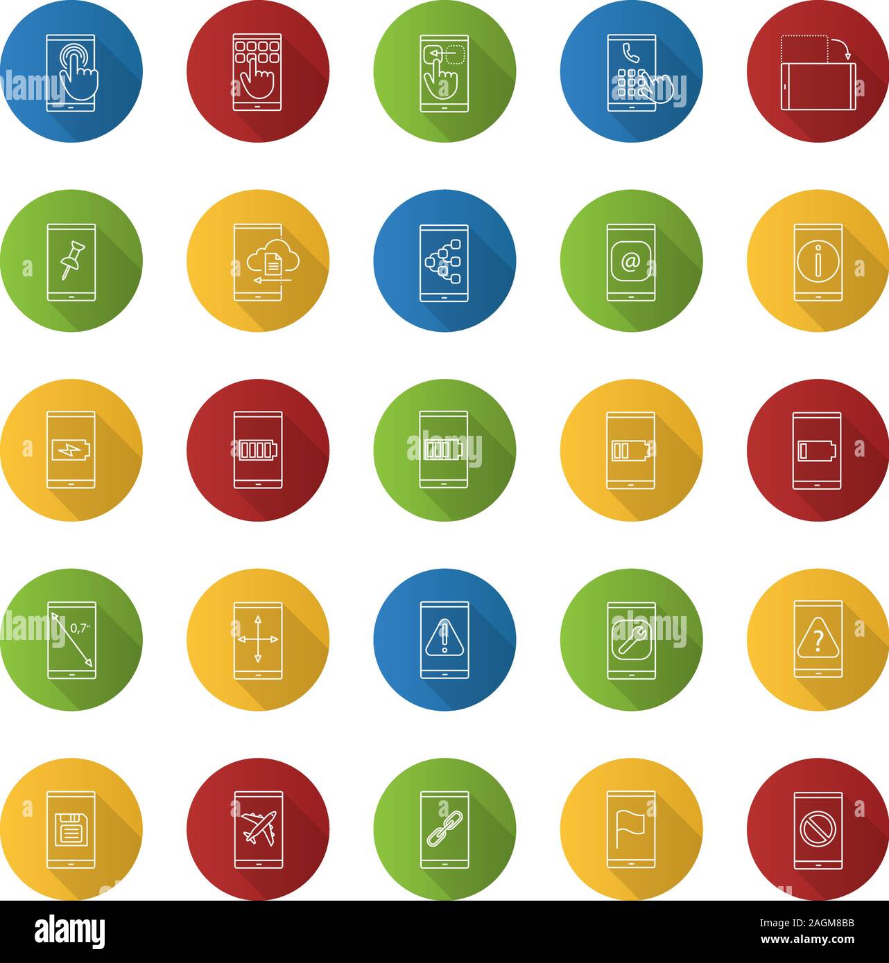 Smartphone flat linear long shadow icons set. Internet connection, data transfer, apps, communication. Vector outline illustration Stock Vector