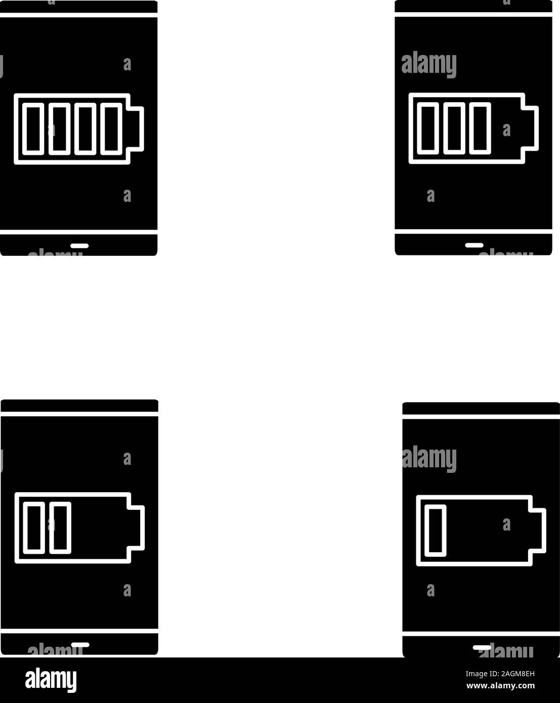Smartphone battery charging glyph icons set. Silhouette symbols. Vector isolated illustration Stock Vector