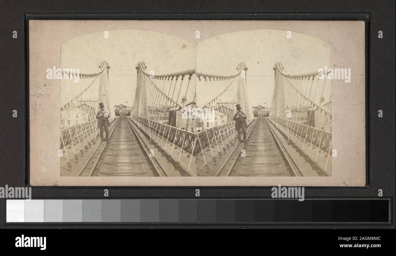 Niagara Suspension Bridge Man In A Top Hat Standing On Railroad Tracks Includes Six Hand Colored Views Robert Dennis Collection Of Stereoscopic Views Some Views Have Tax Stamps Affixed Title Devised By Cataloger