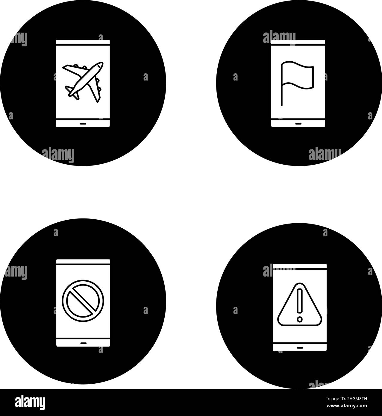 Smartphone apps glyph icons set. Flight mode, GPS navigator, error, no signal sign. Vector white silhouettes illustrations in black circles Stock Vector