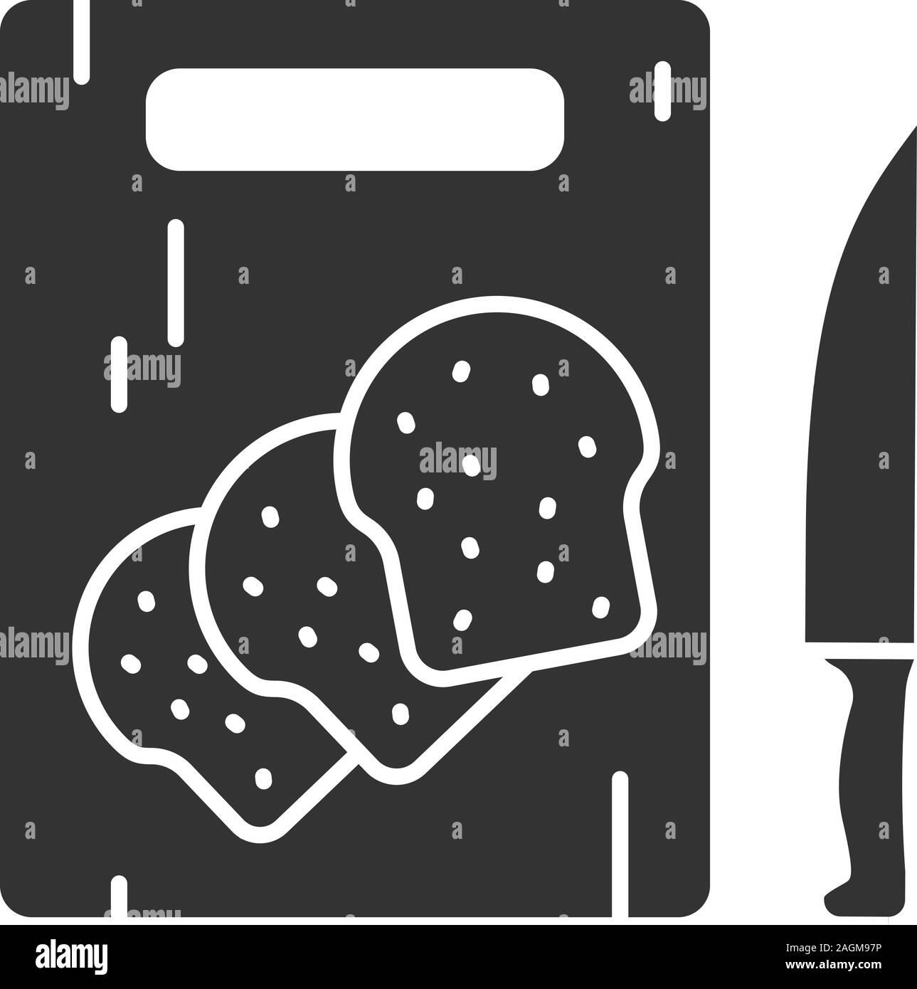 Wooden cutting board with sliced bread glyph icon. Silhouette symbol