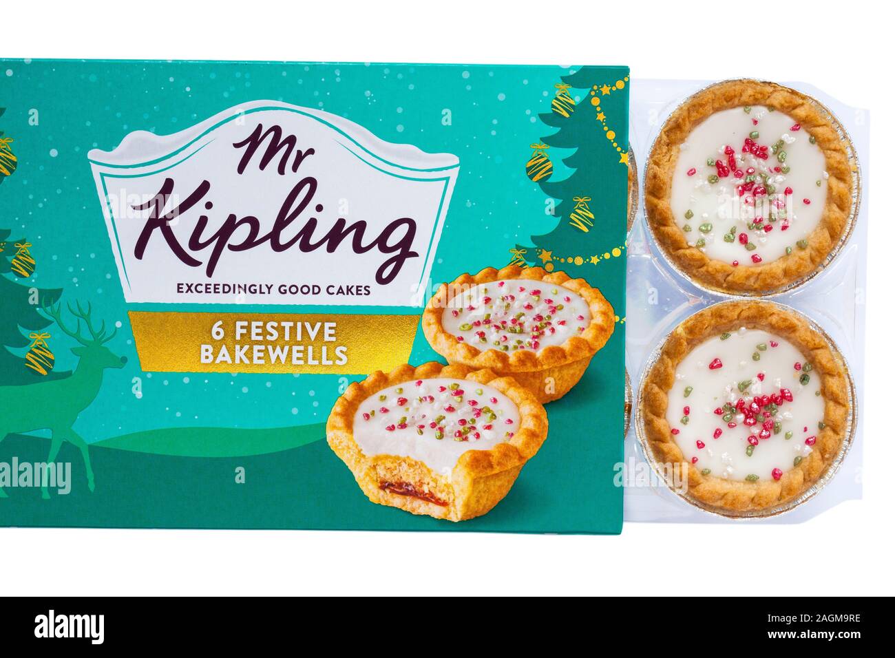 Box of Mr Kipling 6 Festive Bakewells exceedingly good cakes opened to show contents set on white background Stock Photo