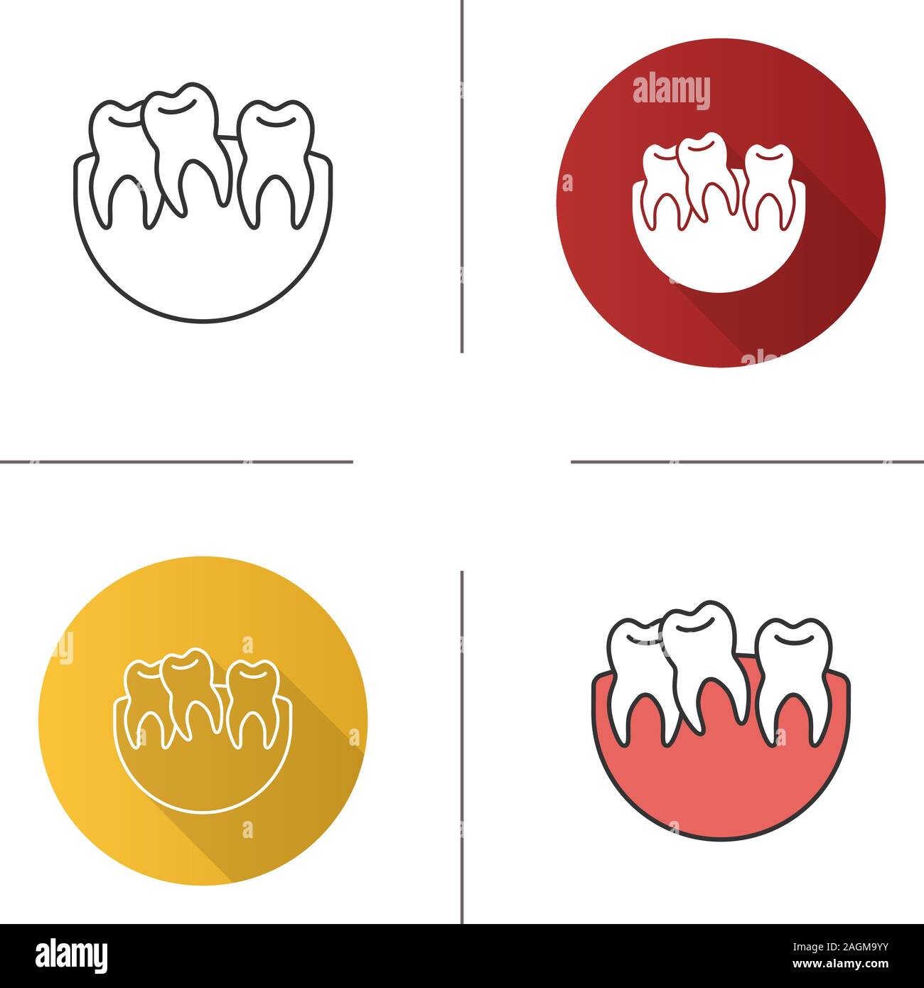 Crooked teeth icon. Malocclusion. Wisdom tooth problem. Flat design, linear and color styles. Isolated vector illustrations Stock Vector