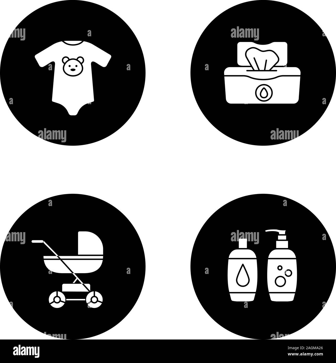 Childcare glyph icons set. Baby carriage, bodysuit, wet wipes, shampoo and soap. Vector white silhouettes illustrations in black circles Stock Vector