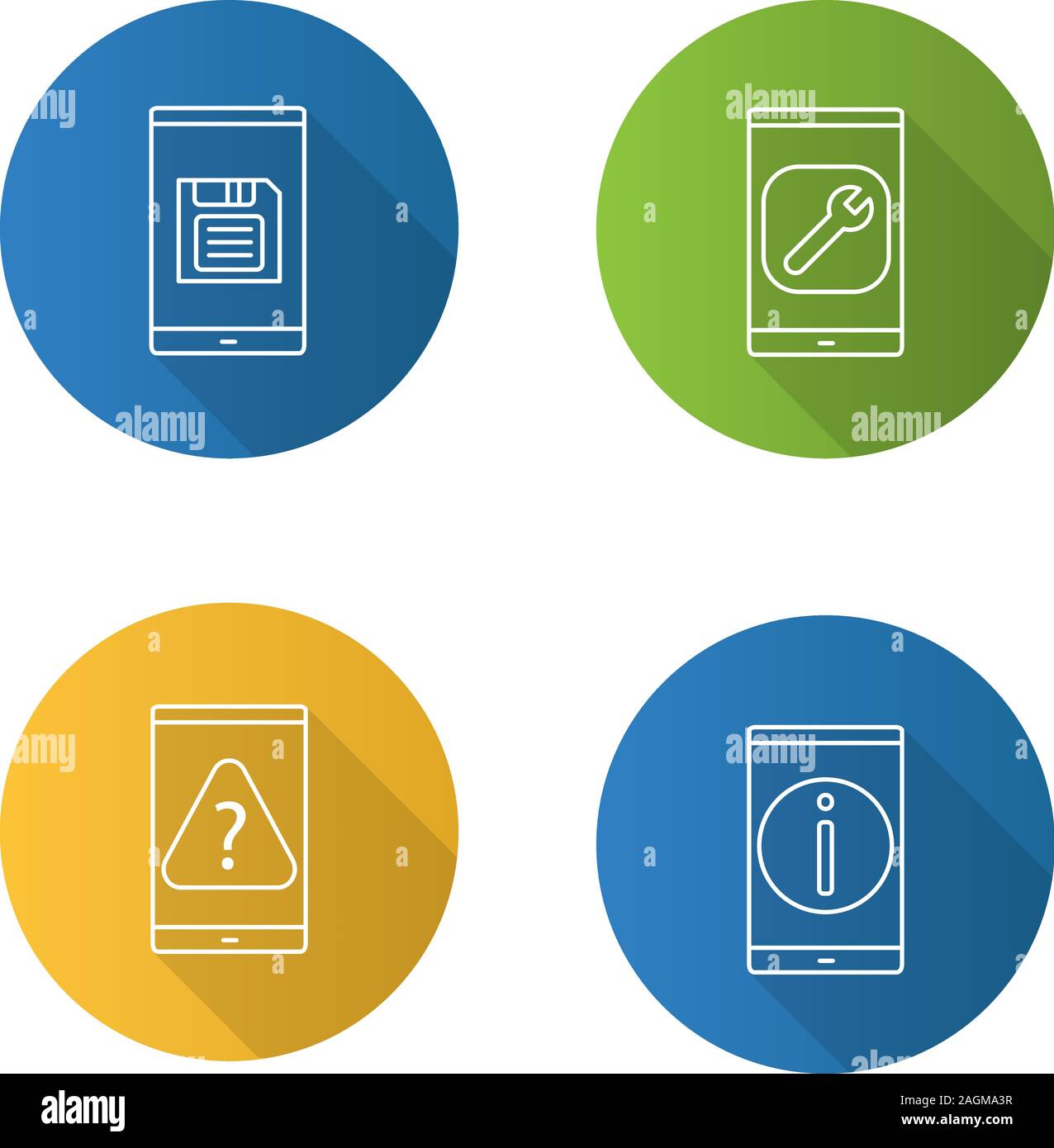 Smartphone flat linear long shadow icons set. Save button, settings, mobile phone FAQ, error. Vector outline illustration Stock Vector