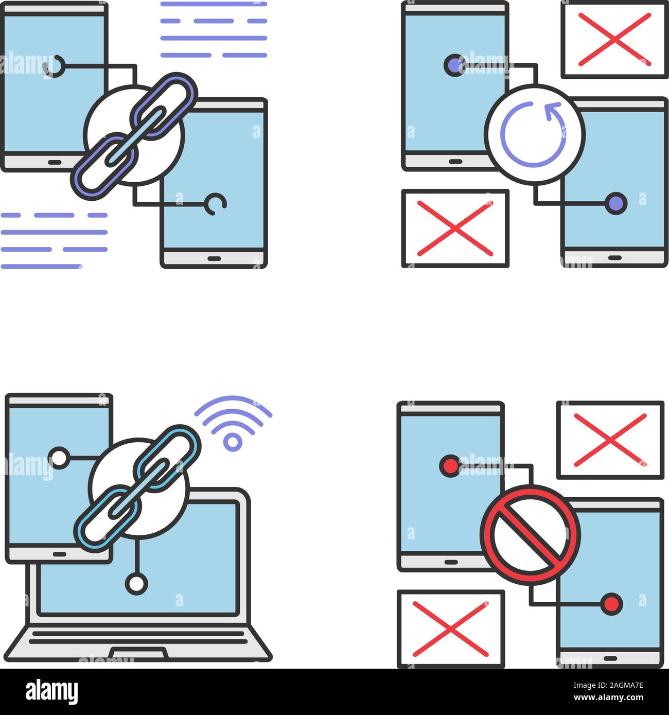 Smartphone displays color icons set. Link sharing, connection and synchronization error. Isolated vector illustrations Stock Vector
